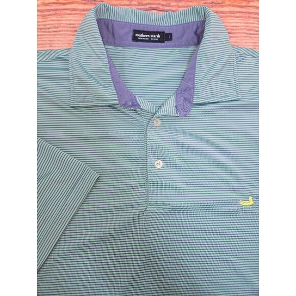 Southern Marsh Mens Aqua Polyester Blend Striped Polo Large - Picture 5 of 8